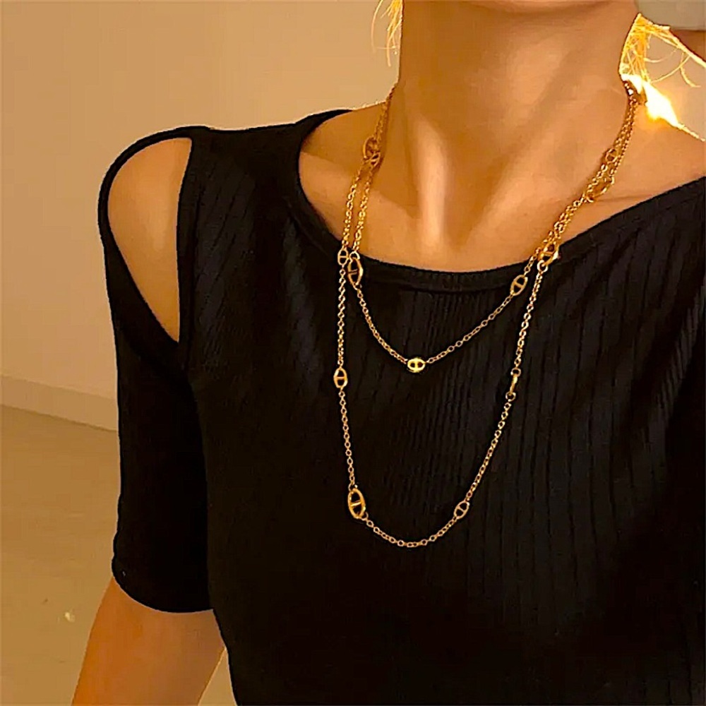 Multilayer Gold Plated Pig nose Necklace Bracelet Set Stainless Steel - Picture 10 of 15